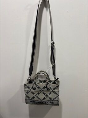Michael Kors Cream & Black Logo Mini Tote with Striped Strap